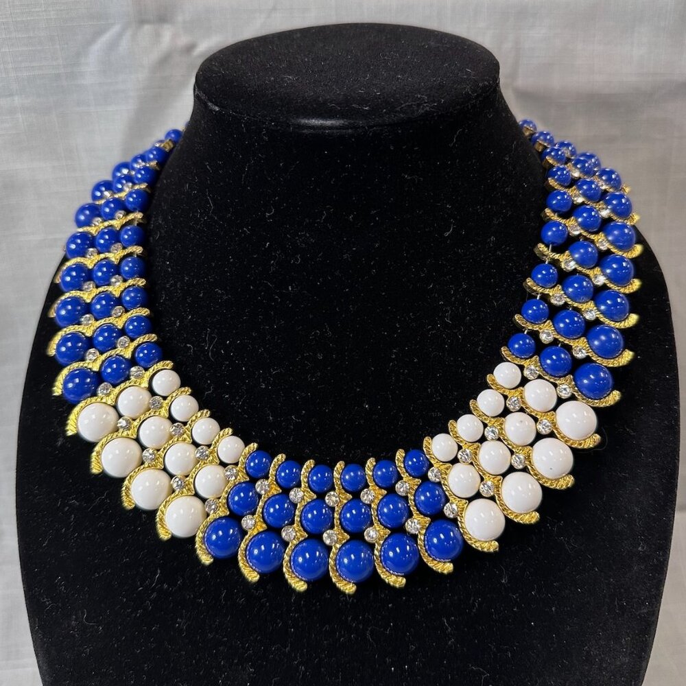 Vintage Blue, White, and Rhinestone Gold Tone Large Bib Collar Necklace